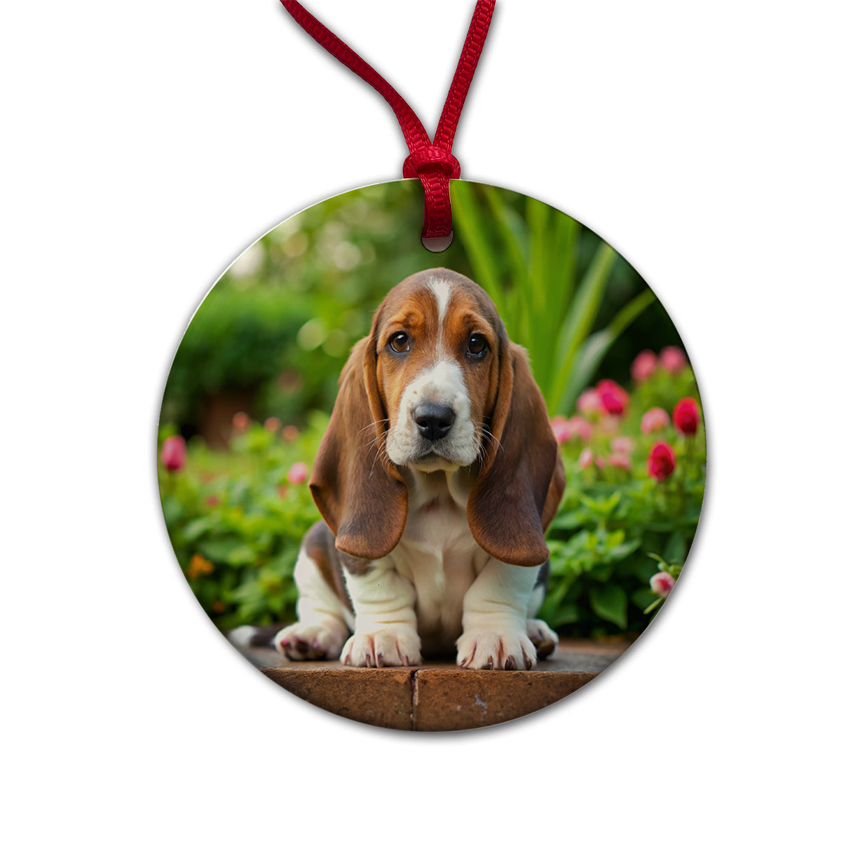 Basset Hound Dog Puppy Photo Round Ceramic Holiday Christmas Tree Ornament