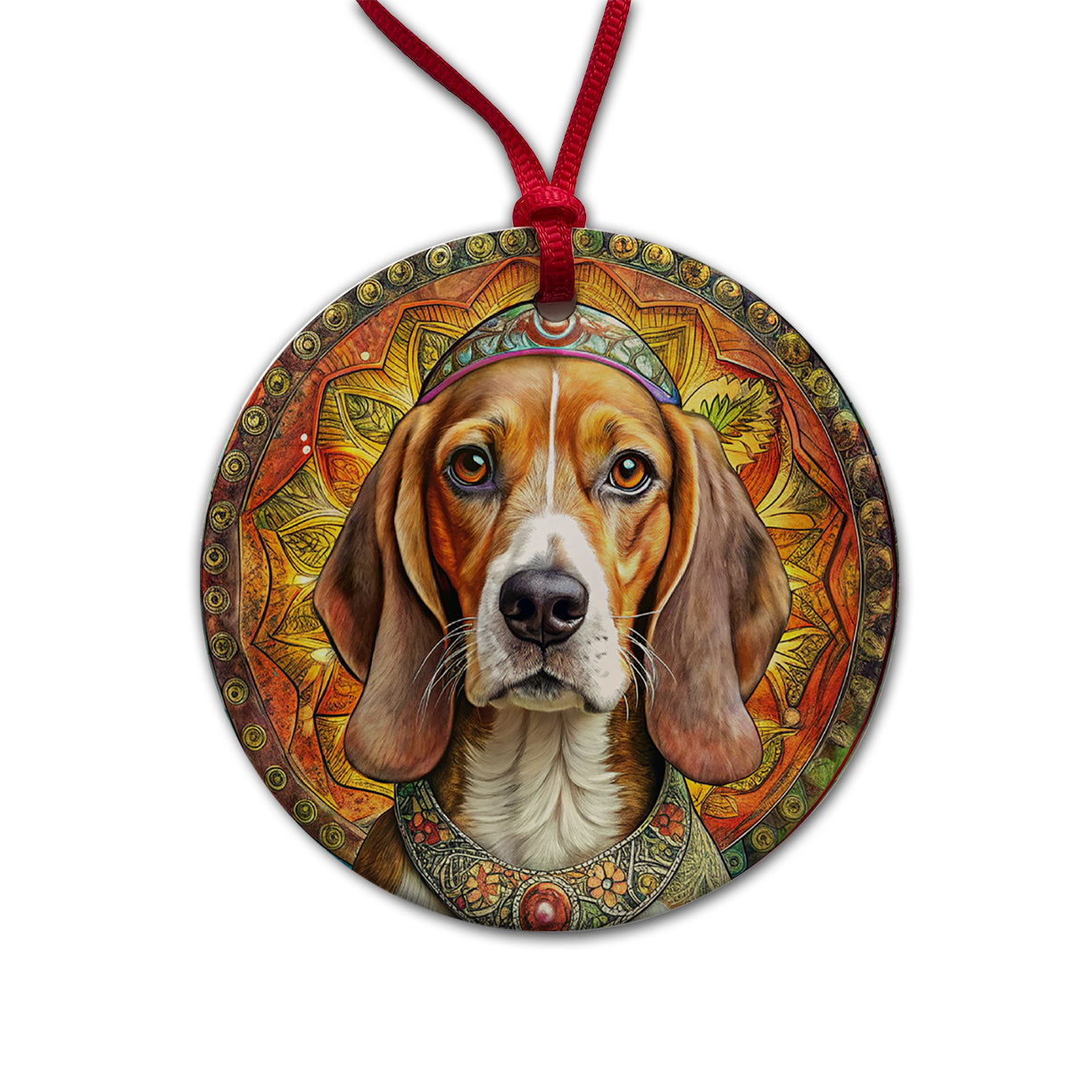 Beagle Dog Bohemian Art Round Ceramic Holiday Christmas Tree Ornament