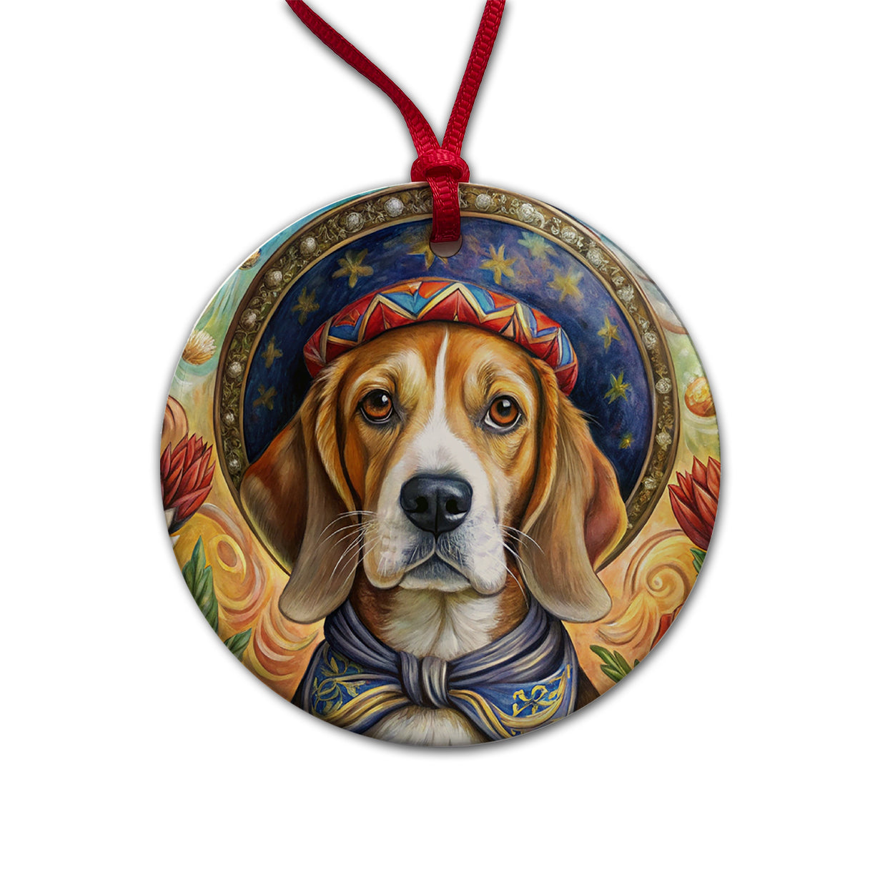 Beagle Dog French Bohemian Art Round Ceramic Holiday Christmas Tree Ornament