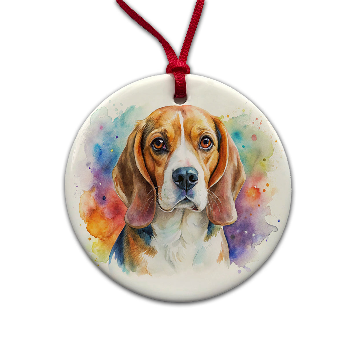 Beagle Dog Watercolor Style Round Ceramic Holiday Christmas Tree Ornament