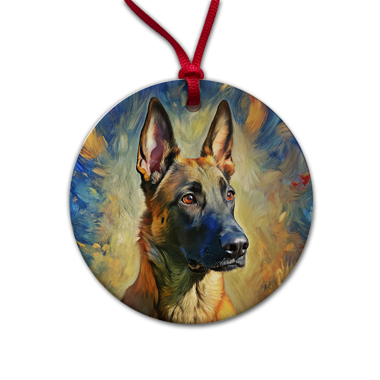 Belgian Malinois Dog Expressionism Art Round Ceramic Holiday Christmas Tree Ornament