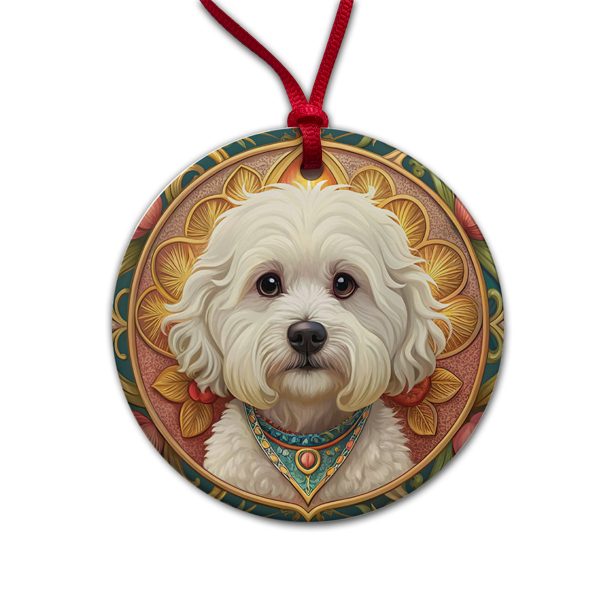 Bichon Frise Dog Art Nouveau Round Ceramic Holiday Christmas Tree Ornament