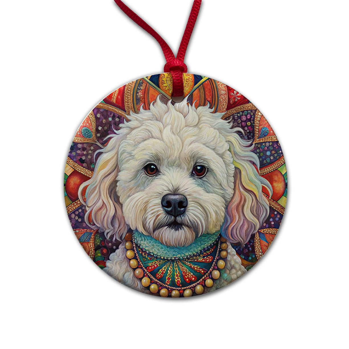 Bichon Frise Dog Bohemian Art Round Ceramic Holiday Christmas Tree Ornament