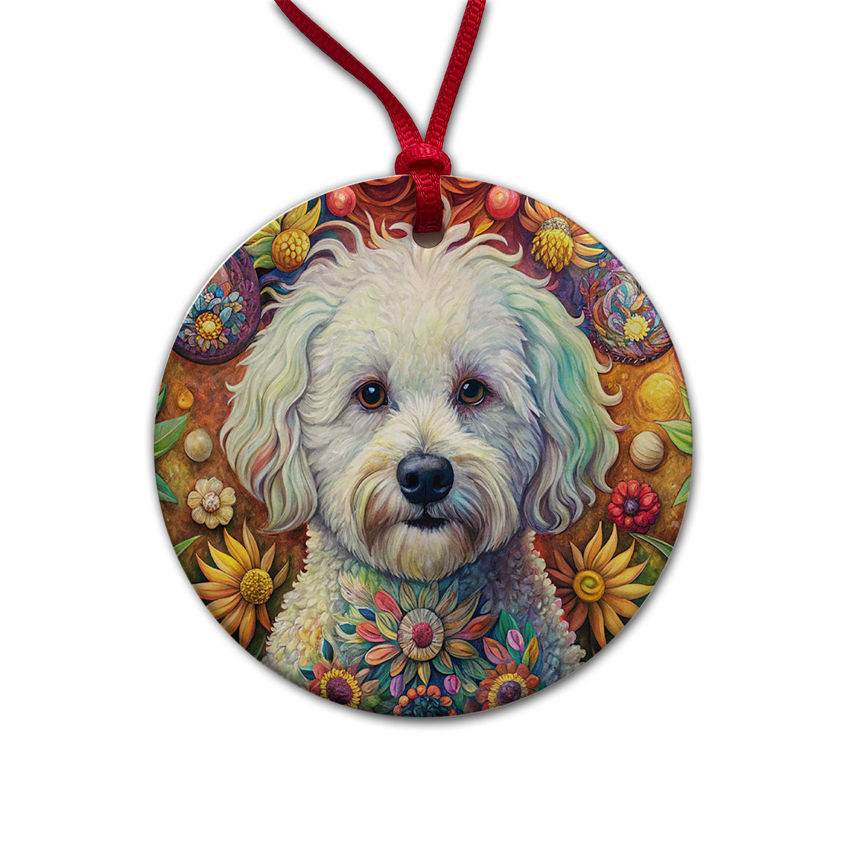 Bichon Frise Dog French Bohemian Art Round Ceramic Holiday Christmas Tree Ornament