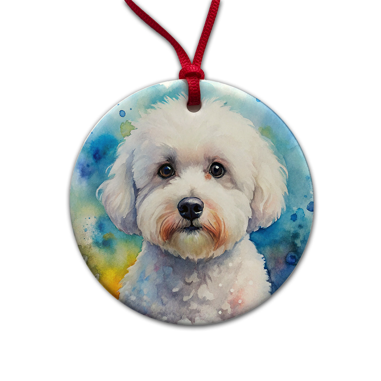 Bichon Frise Dog Watercolor Style Round Ceramic Holiday Christmas Tree Ornament