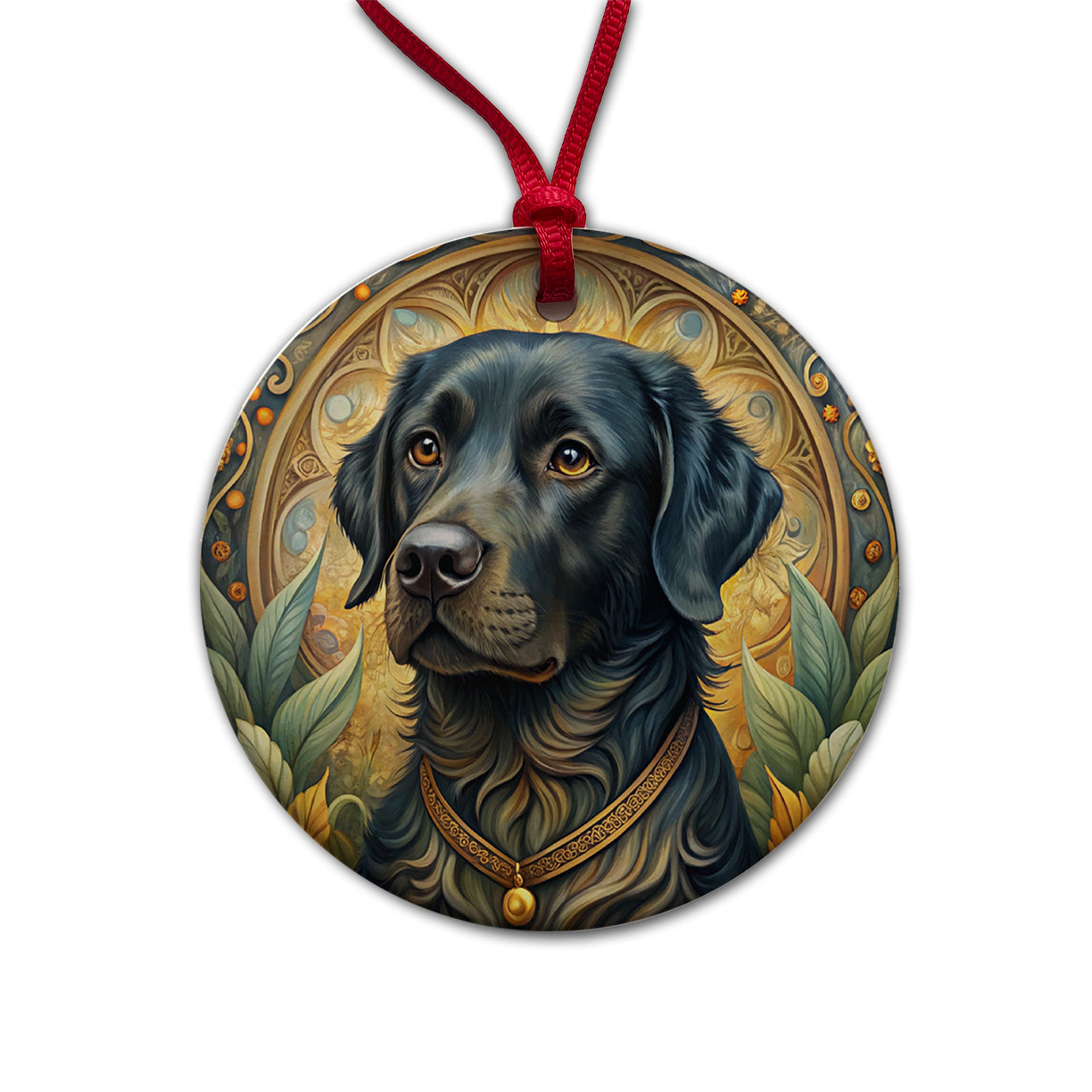Black Labrador Retriever Dog Art Nouveau Round Ceramic Holiday Christmas Tree Ornament