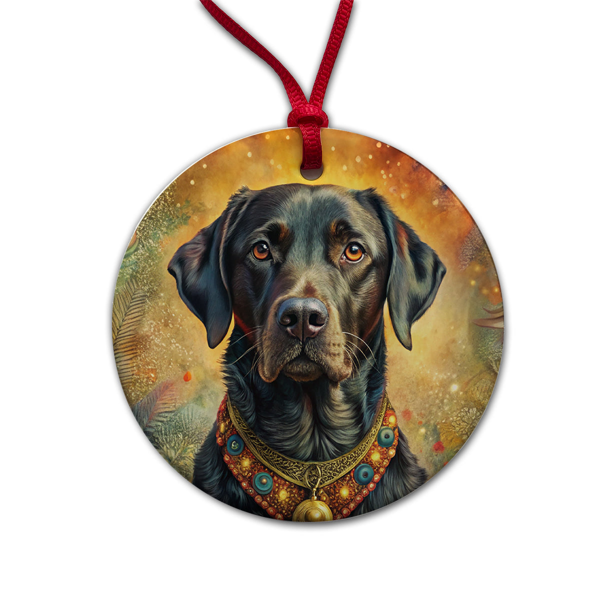 Black Labrador Retriever Dog Bohemian Art Round Ceramic Holiday Christmas Tree Ornament