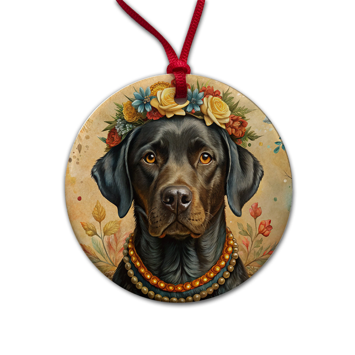Black Labrador Retriever Dog French Bohemian Art Round Ceramic Holiday Christmas Tree Ornament