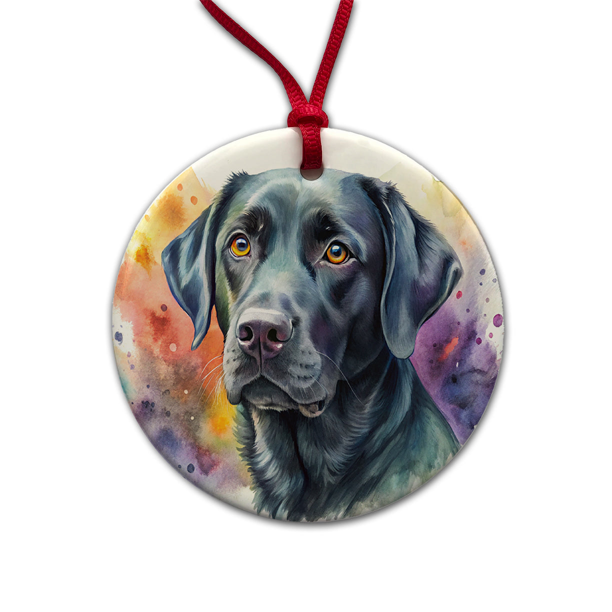 Black Labrador Retriever Dog Watercolor Style Round Ceramic Holiday Christmas Tree Ornament