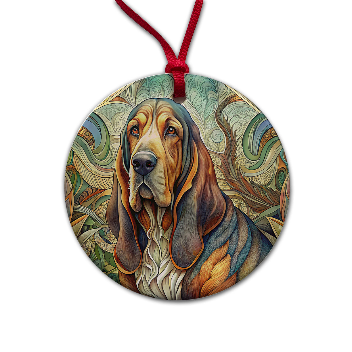 Bloodhound Dog Art Nouveau Round Ceramic Holiday Christmas Tree Ornament