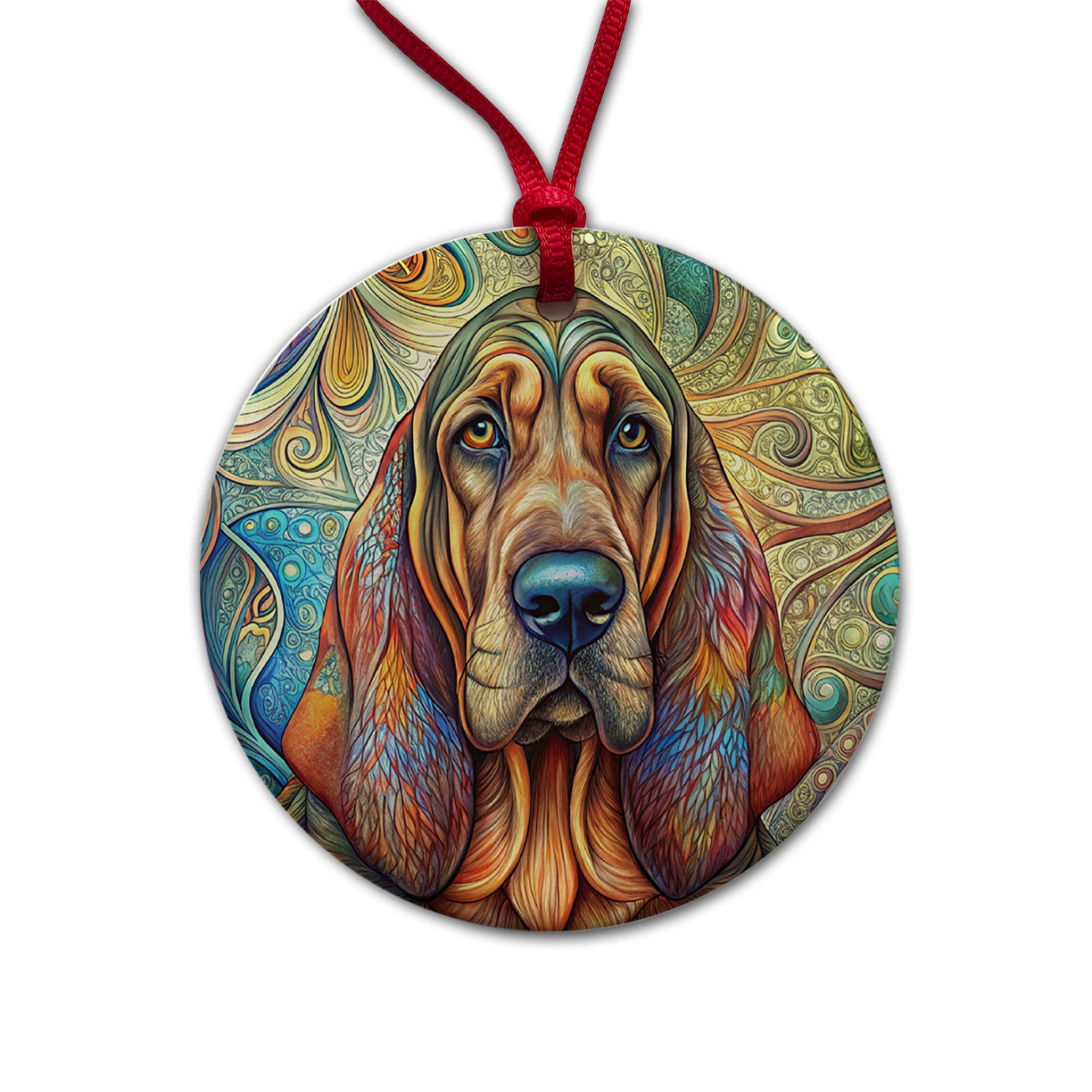 Bloodhound Dog Bohemian Art Round Ceramic Holiday Christmas Tree Ornament