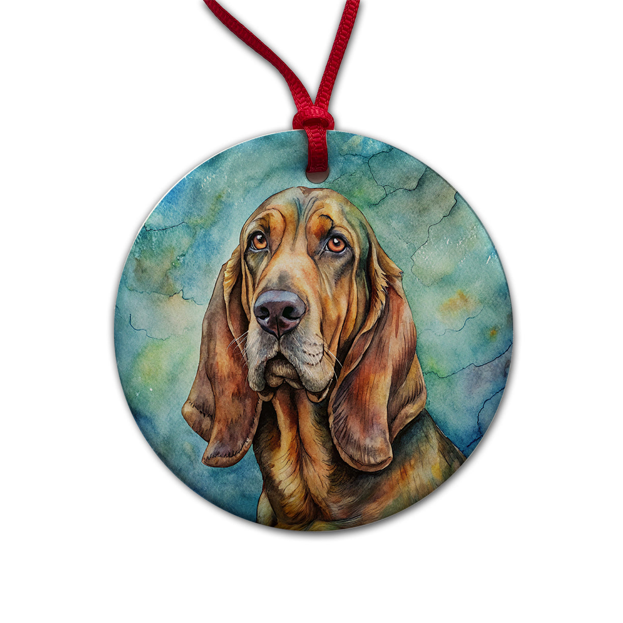 Bloodhound Dog Illustration Round Ceramic Holiday Christmas Tree Ornament