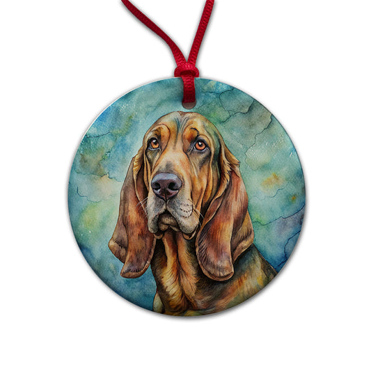 Bloodhound Dog Illustration Round Ceramic Holiday Christmas Tree Ornament