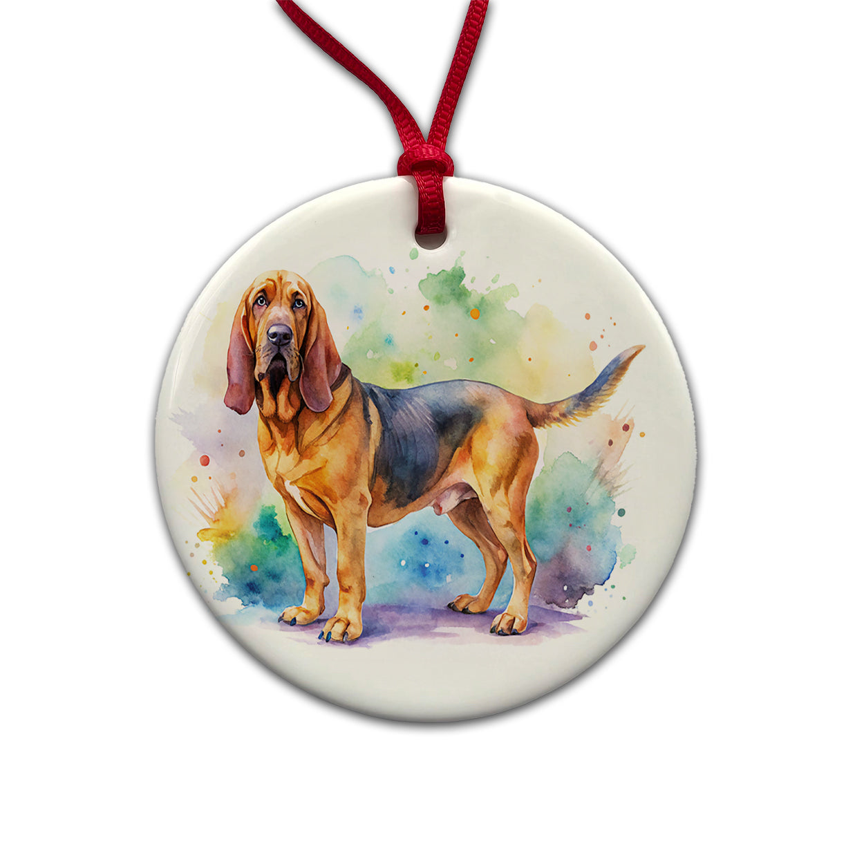 Bloodhound Dog Watercolor Style Round Ceramic Holiday Christmas Tree Ornament