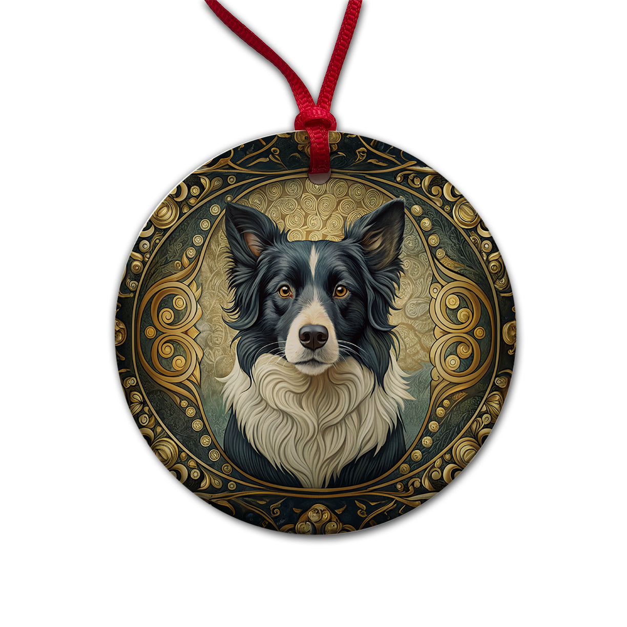 Border Collie Dog Art Nouveau Round Ceramic Holiday Christmas Tree Ornament