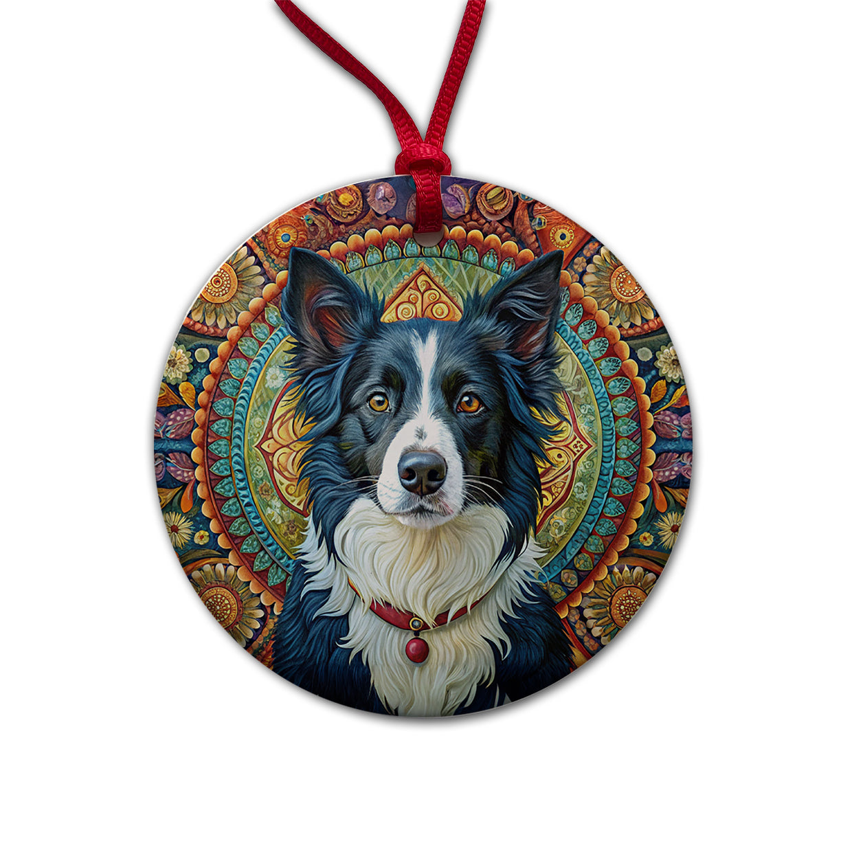 Border Collie Dog Bohemian Art Round Ceramic Holiday Christmas Tree Ornament