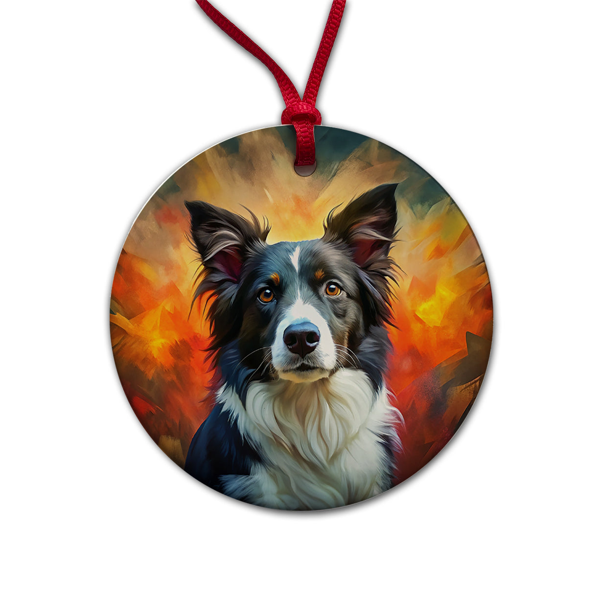 Border Collie Dog Expressionism Art Round Ceramic Holiday Christmas Tree Ornament