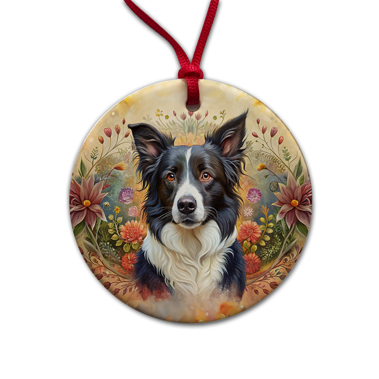 Border Collie Dog French Bohemian Art Round Ceramic Holiday Christmas Tree Ornament