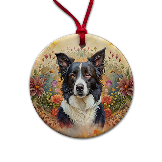 Border Collie Dog French Bohemian Art Round Ceramic Holiday Christmas Tree Ornament