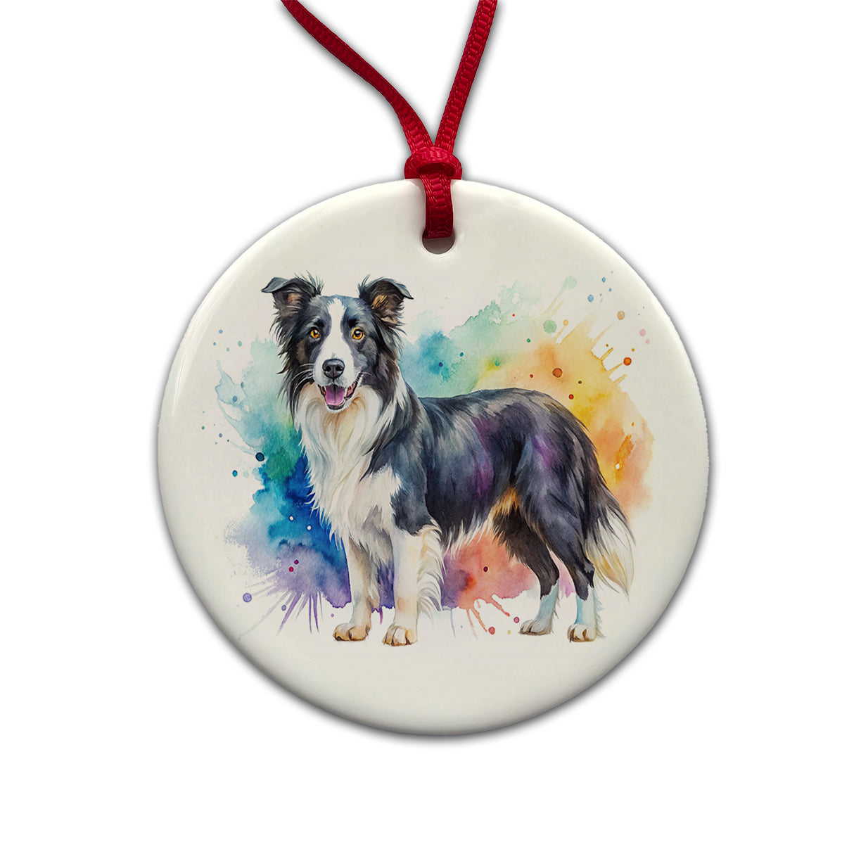 Border Collie Dog Watercolor Style Round Ceramic Holiday Christmas Tree Ornament