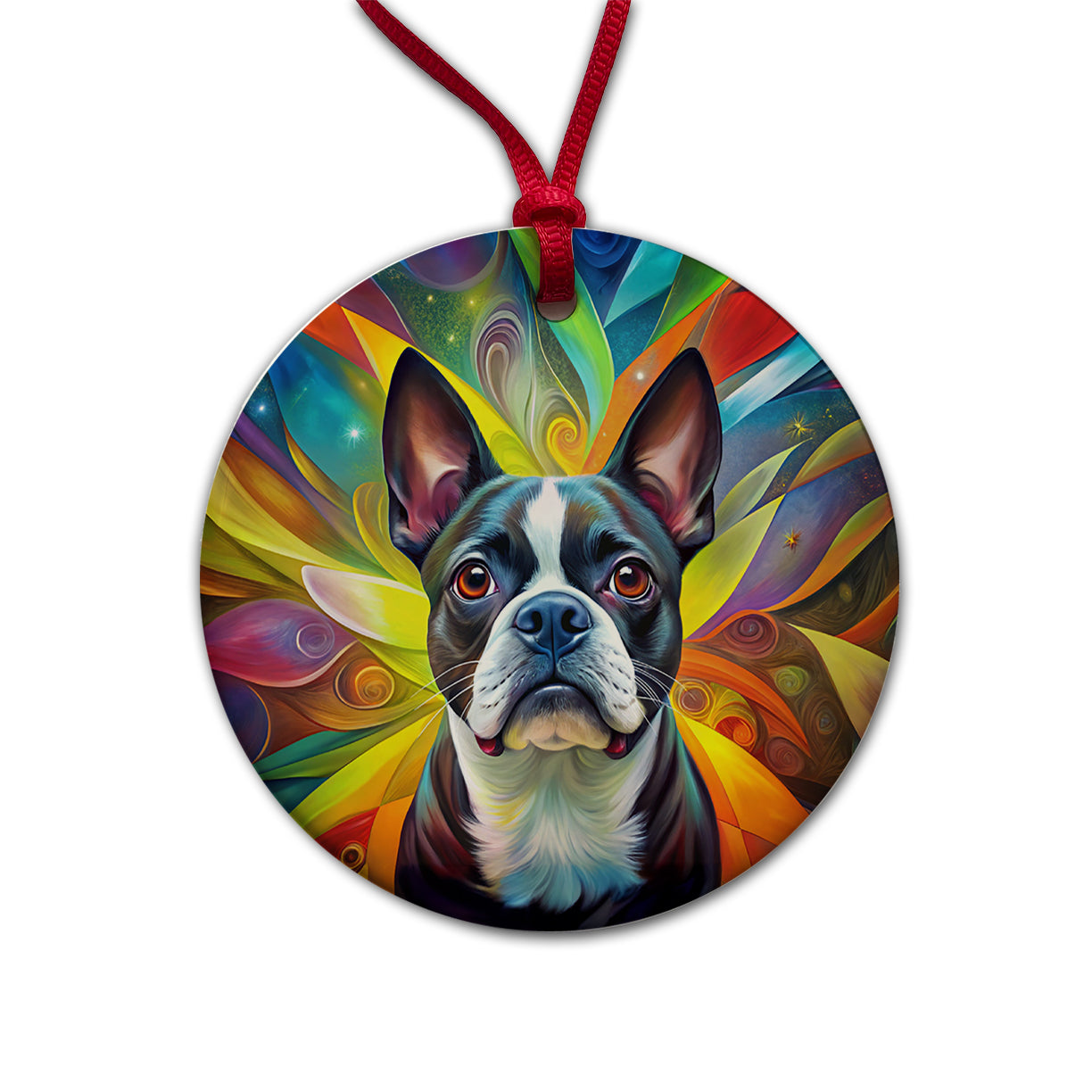 Boston Terrier Dog Abstract Art Round Ceramic Holiday Christmas Tree Ornament
