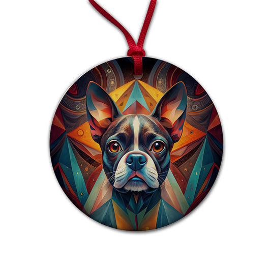 Boston Terrier Dog Abstract Stylized Art Round Ceramic Holiday Christmas Tree Ornament