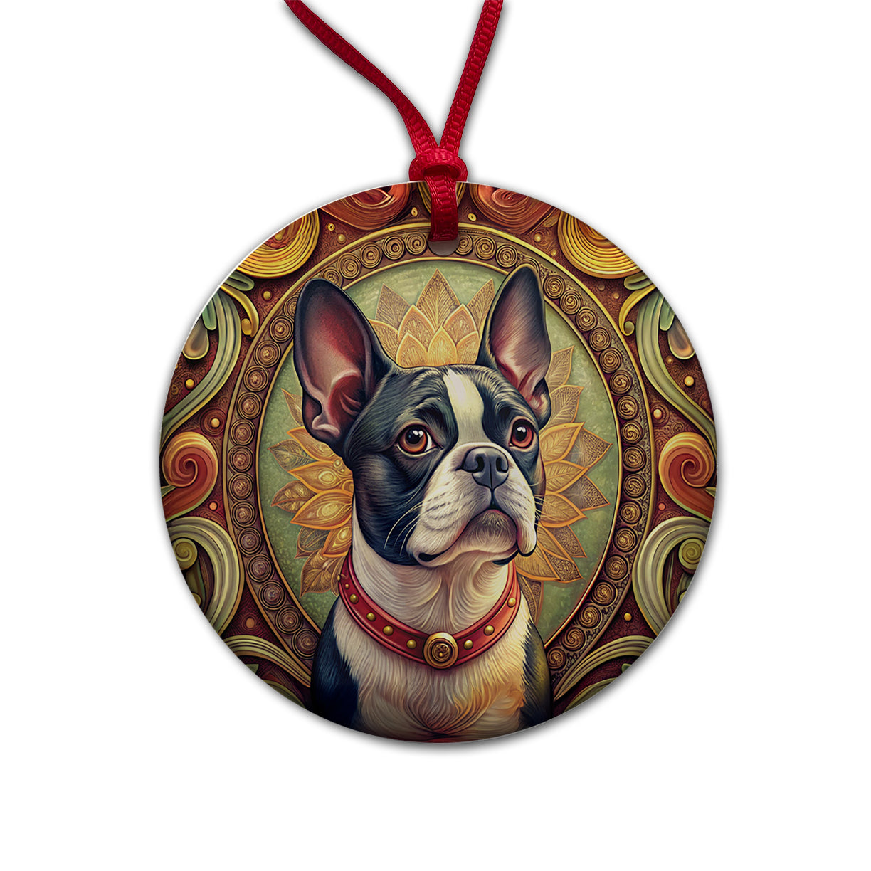 Boston Terrier Dog Art Nouveau Round Ceramic Holiday Christmas Tree Ornament