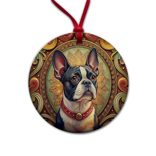 Boston Terrier Dog Art Nouveau Round Ceramic Holiday Christmas Tree Ornament