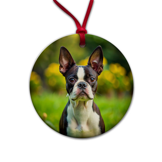 Boston Terrier Dog Photo Round Ceramic Holiday Christmas Tree Ornament