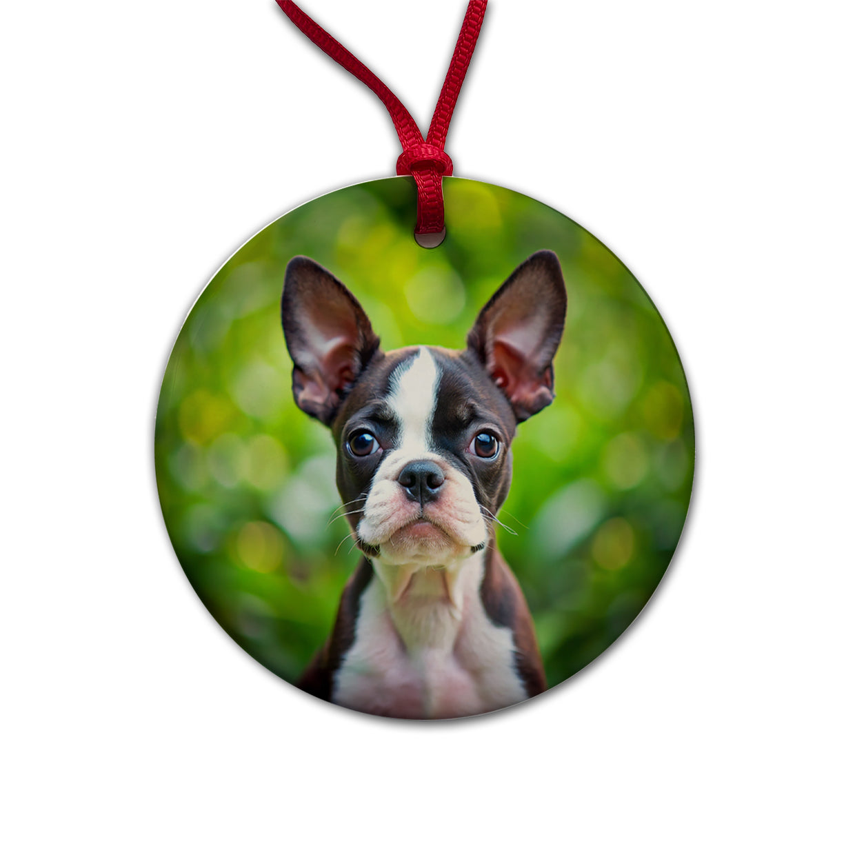 Boston Terrier Dog Puppy Photo Round Ceramic Holiday Christmas Tree Ornament