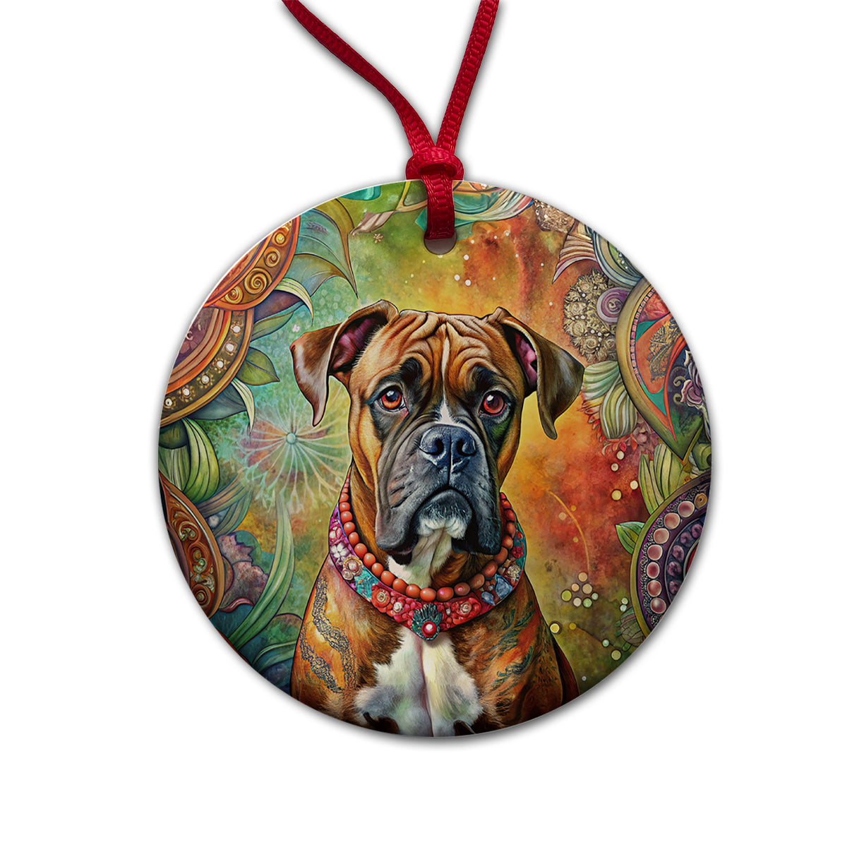 Boxer Dog Bohemian Art Round Ceramic Holiday Christmas Tree Ornament