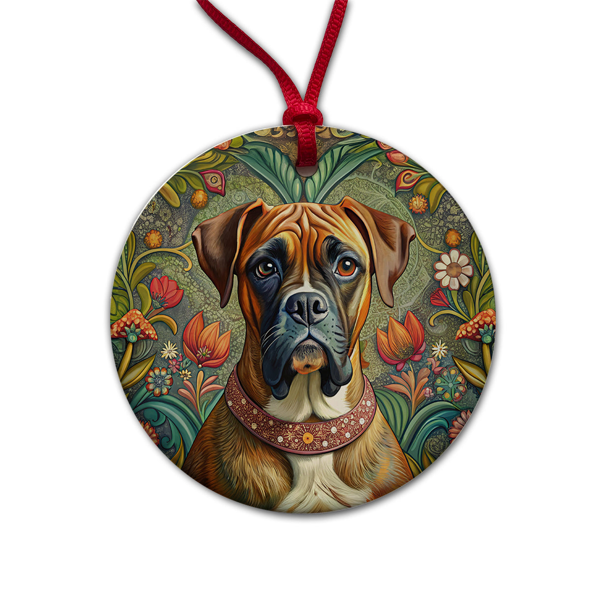 Boxer Dog French Bohemian Art Round Ceramic Holiday Christmas Tree Ornament
