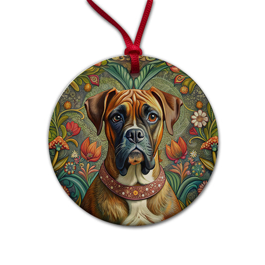 Boxer Dog French Bohemian Art Round Ceramic Holiday Christmas Tree Ornament