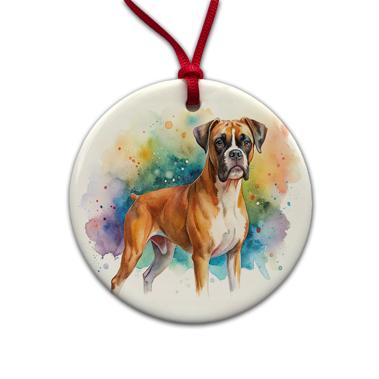 Boxer Dog Watercolor Style Round Ceramic Holiday Christmas Tree Ornament