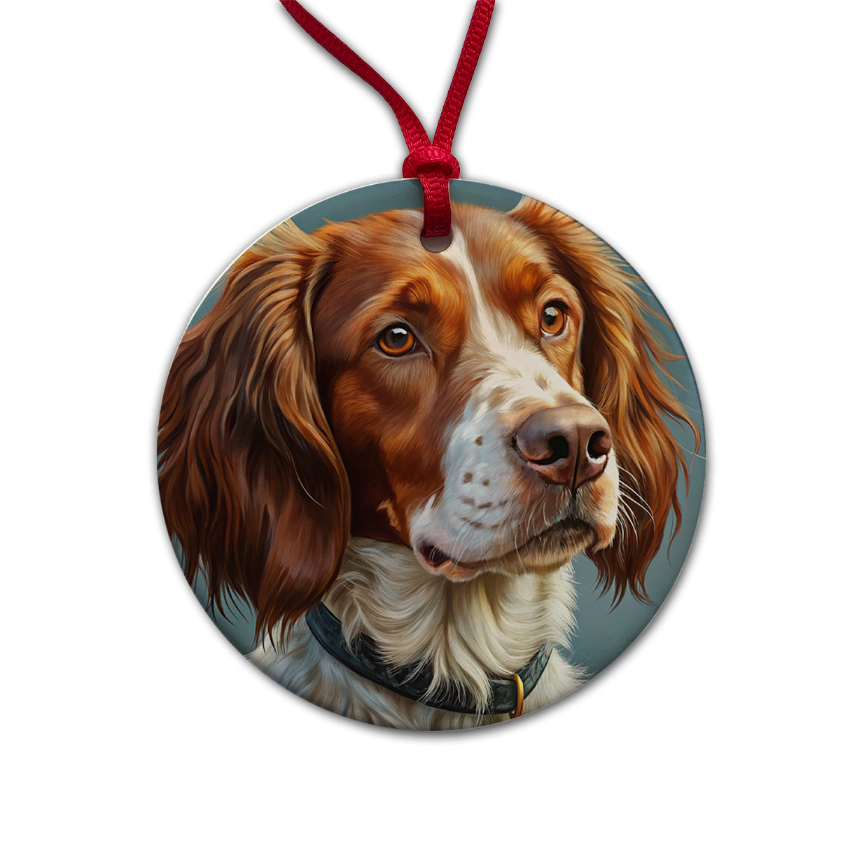 Brittany Spaniel Dog Illustration Round Ceramic Holiday Christmas Tree Ornament