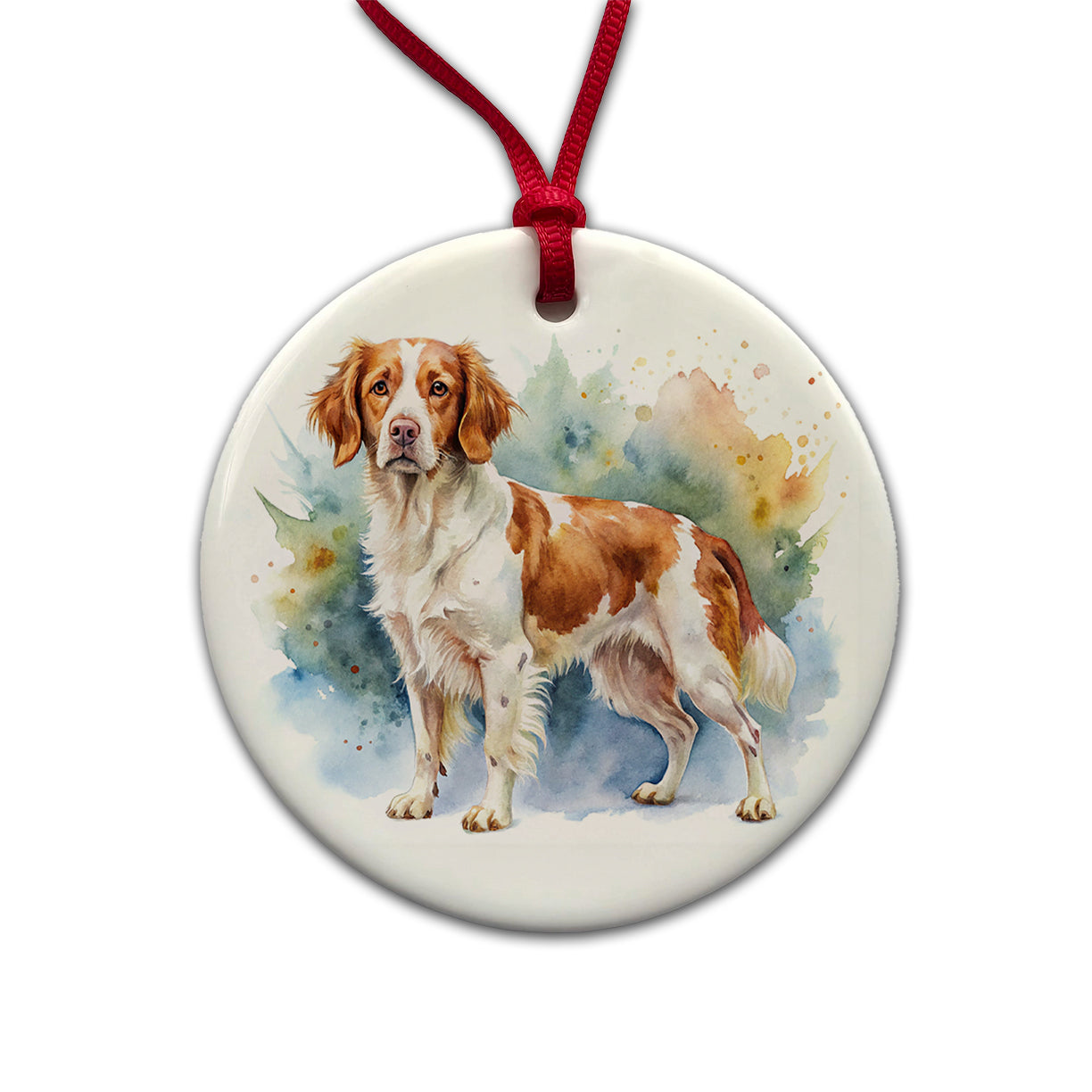 Brittany Spaniel Dog Watercolor Style Round Ceramic Holiday Christmas Tree Ornament