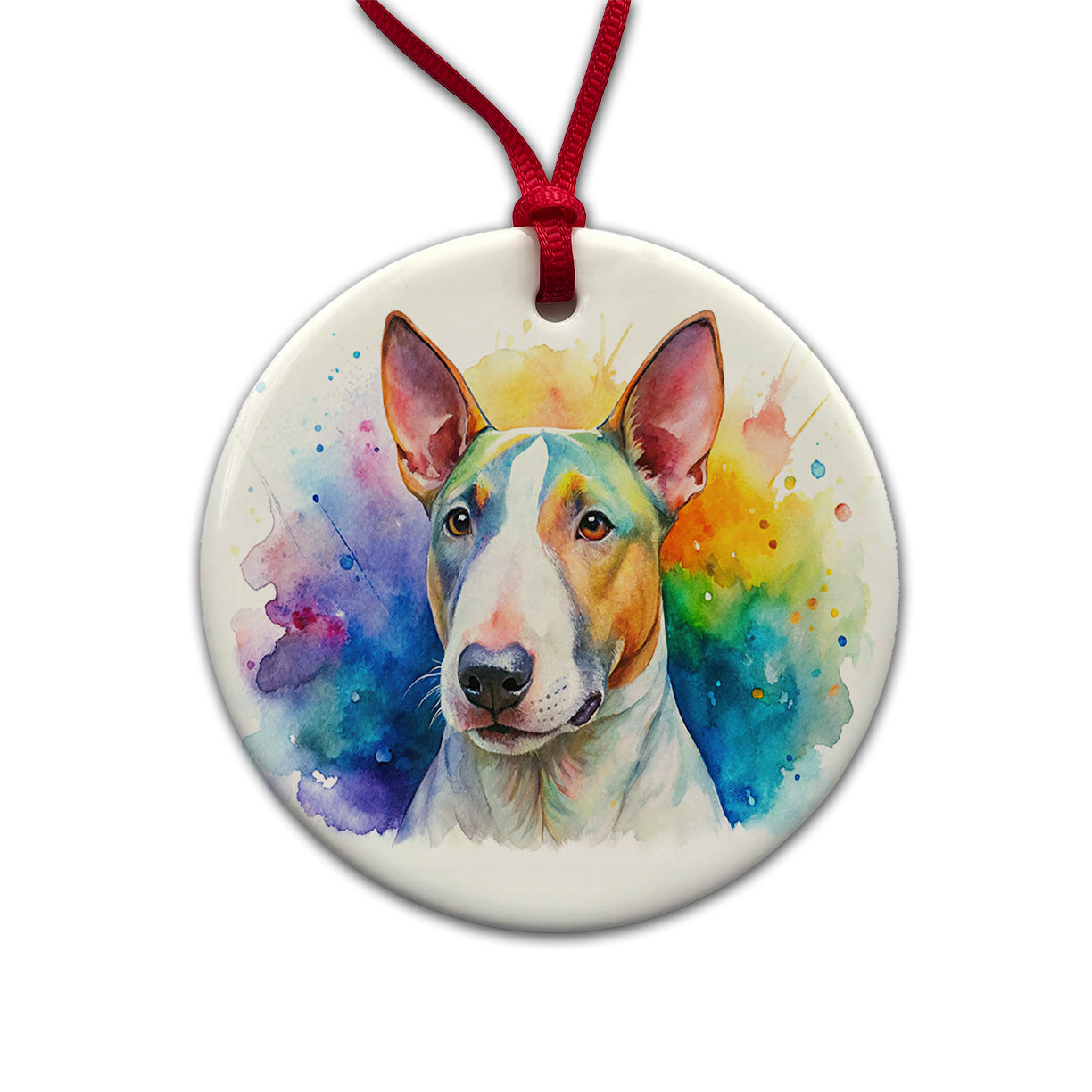 Bull Terrier Dog Watercolor Style Round Ceramic Holiday Christmas Tree Ornament
