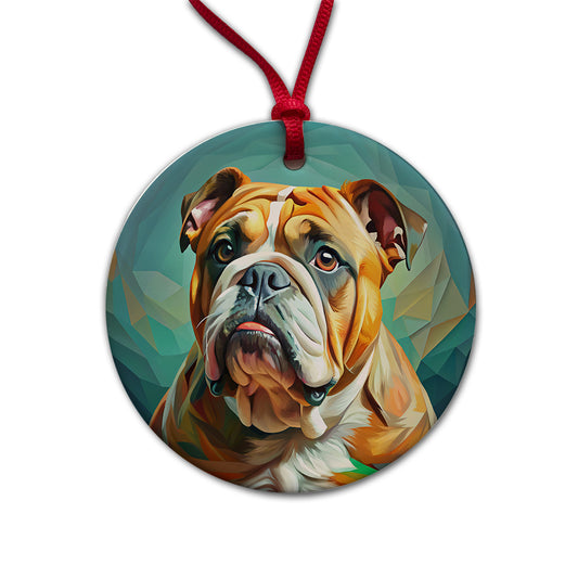 Bulldog Dog Expressionism Art Round Ceramic Holiday Christmas Tree Ornament