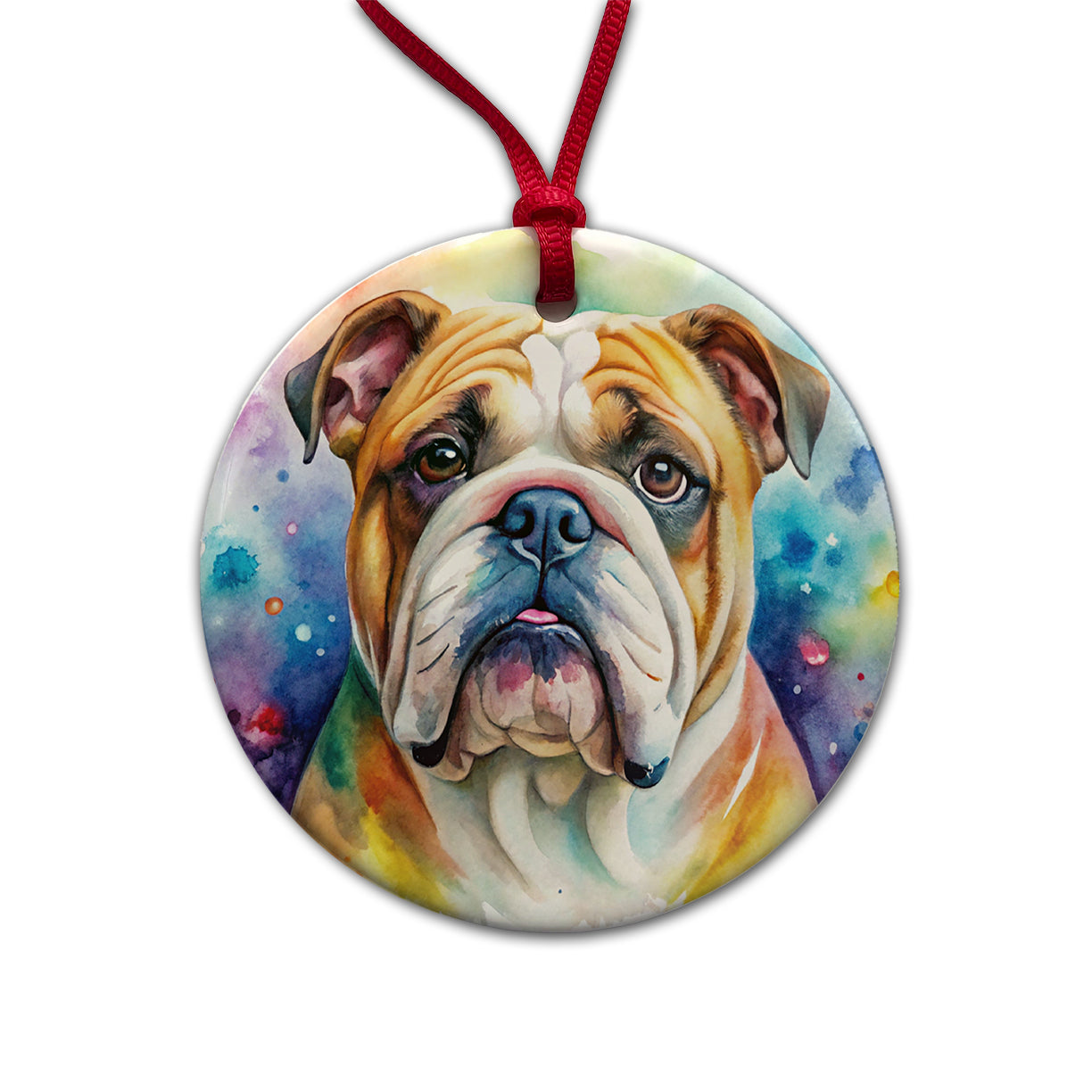 Bulldog Dog Watercolor Style Round Ceramic Holiday Christmas Tree Ornament