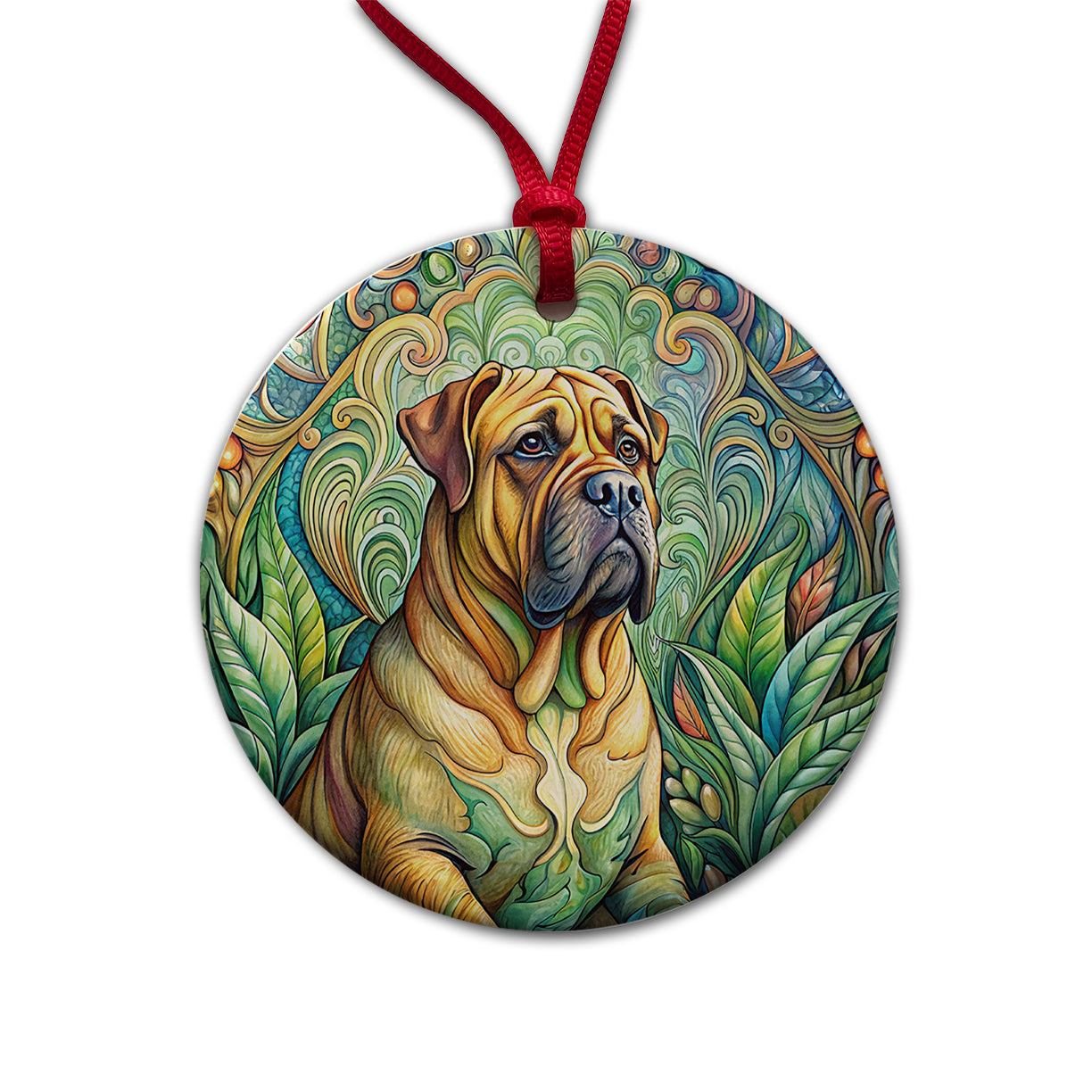Bullmastiff Dog Art Nouveau Round Ceramic Holiday Christmas Tree Ornament