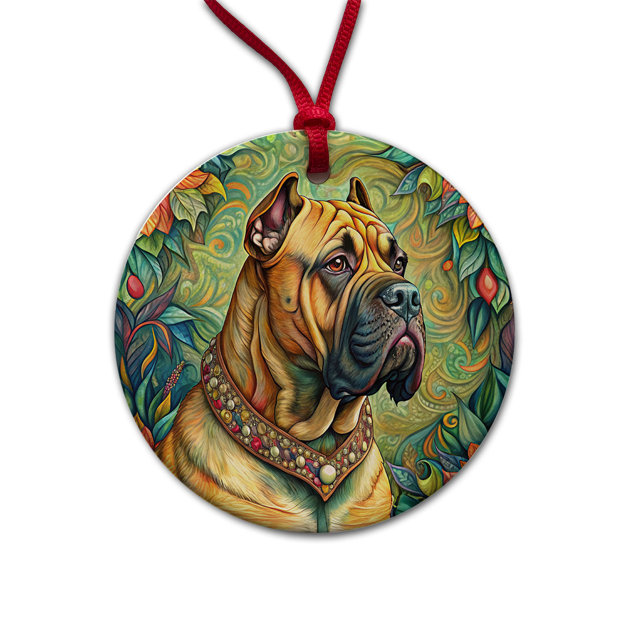 Bullmastiff Dog French Bohemian Art Round Ceramic Holiday Christmas Tree Ornament