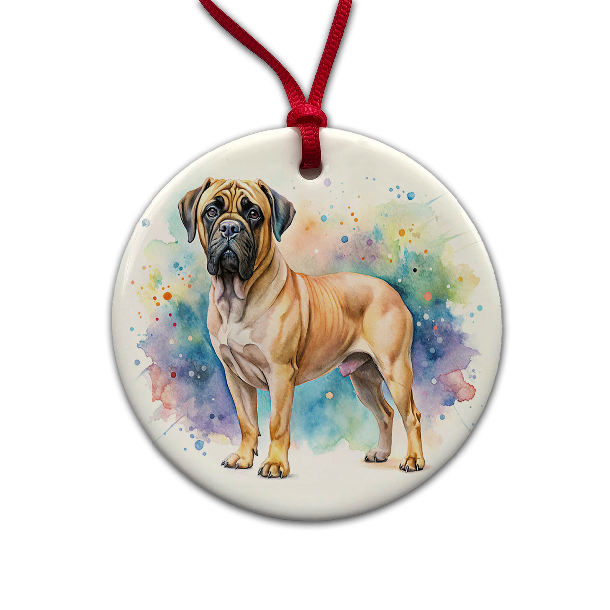 Bullmastiff Dog Watercolor Style Round Ceramic Holiday Christmas Tree Ornament