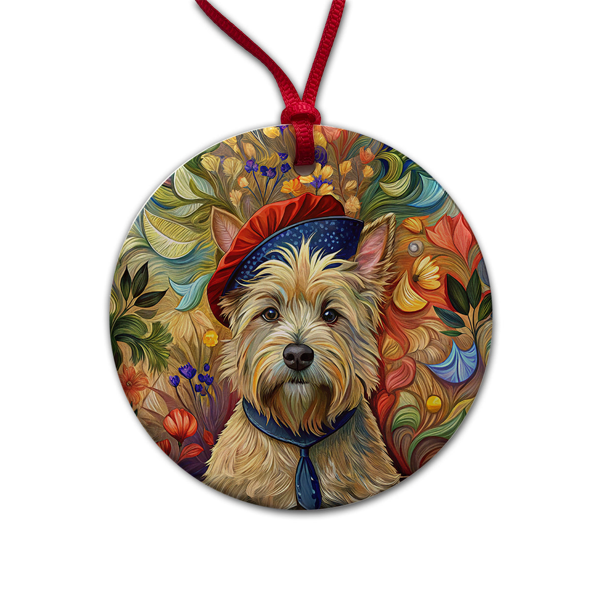 Cairn Terrier Dog French Bohemian Art Round Ceramic Holiday Christmas Tree Ornament