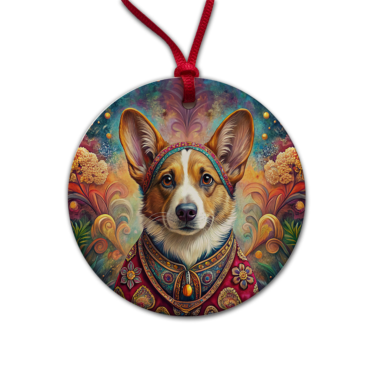 Cardigan Welsh Corgi Dog Bohemian Art Round Ceramic Holiday Christmas Tree Ornament