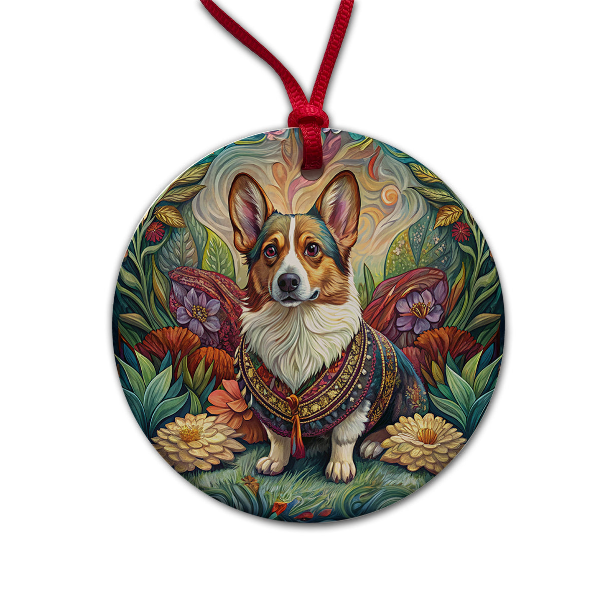 Cardigan Welsh Corgi Dog French Bohemian Art Round Ceramic Holiday Christmas Tree Ornament