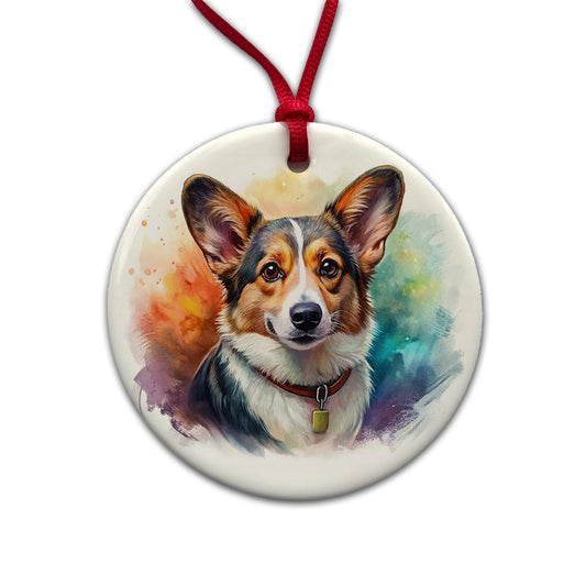 Cardigan Welsh Corgi Dog Illustration Round Ceramic Holiday Christmas Tree Ornament