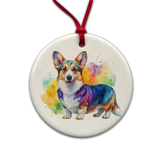 Cardigan Welsh Corgi Dog Watercolor Style Round Ceramic Holiday Christmas Tree Ornament