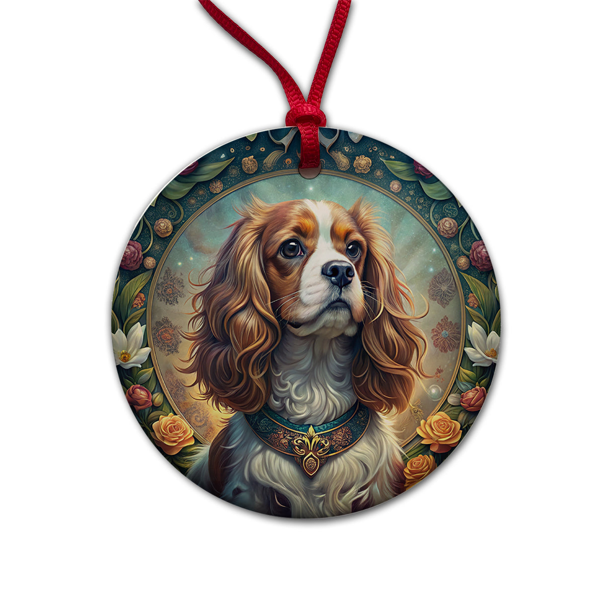 Cavalier King Charles Spaniel Dog Art Nouveau Round Ceramic Holiday Christmas Tree Ornament