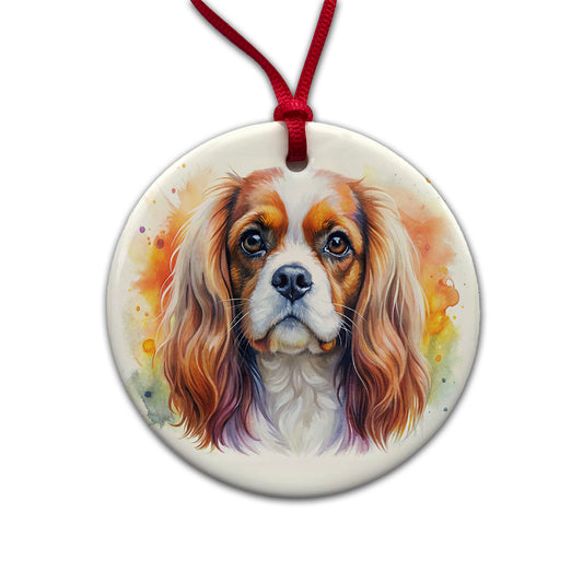Cavalier King Charles Spaniel Dog Watercolor Style Round Ceramic Holiday Christmas Tree Ornament