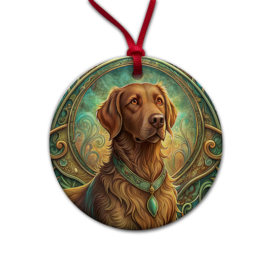 Chesapeake Bay Retriever Dog Art Nouveau Round Ceramic Holiday Christmas Tree Ornament